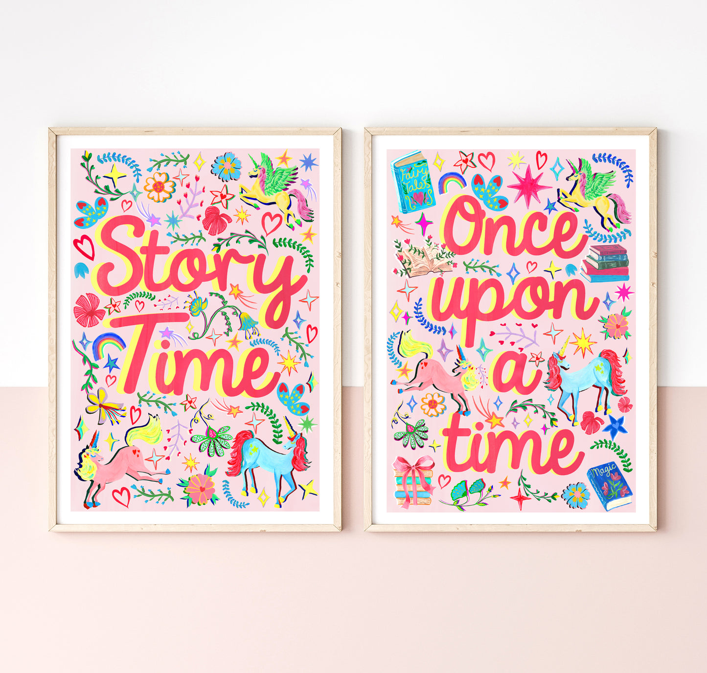 Two colorful posters with 'Story Time' and 'Once upon a time' text on a light pink background.