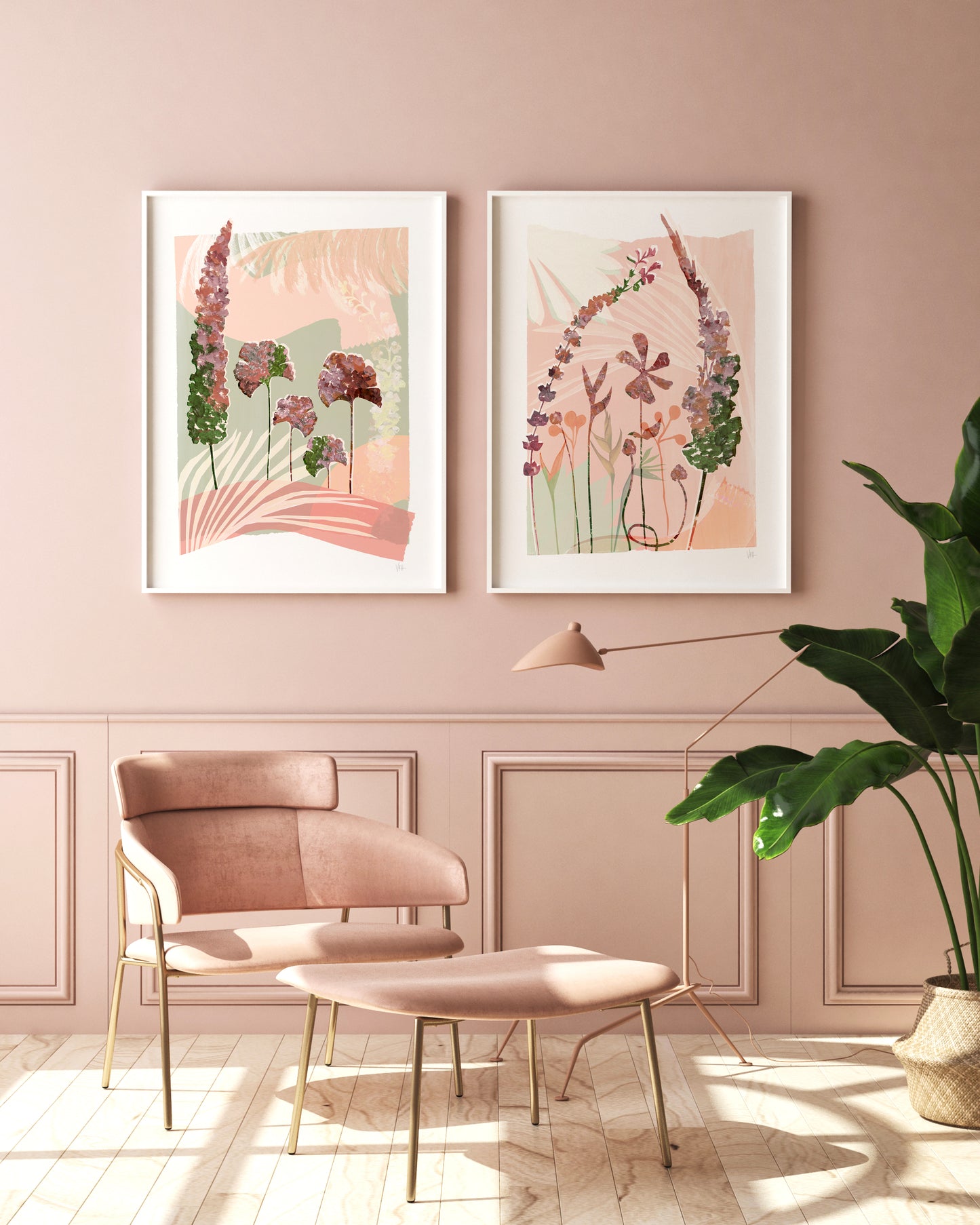 Modern living room with pink walls, a chair, ottoman, and decorative plants.