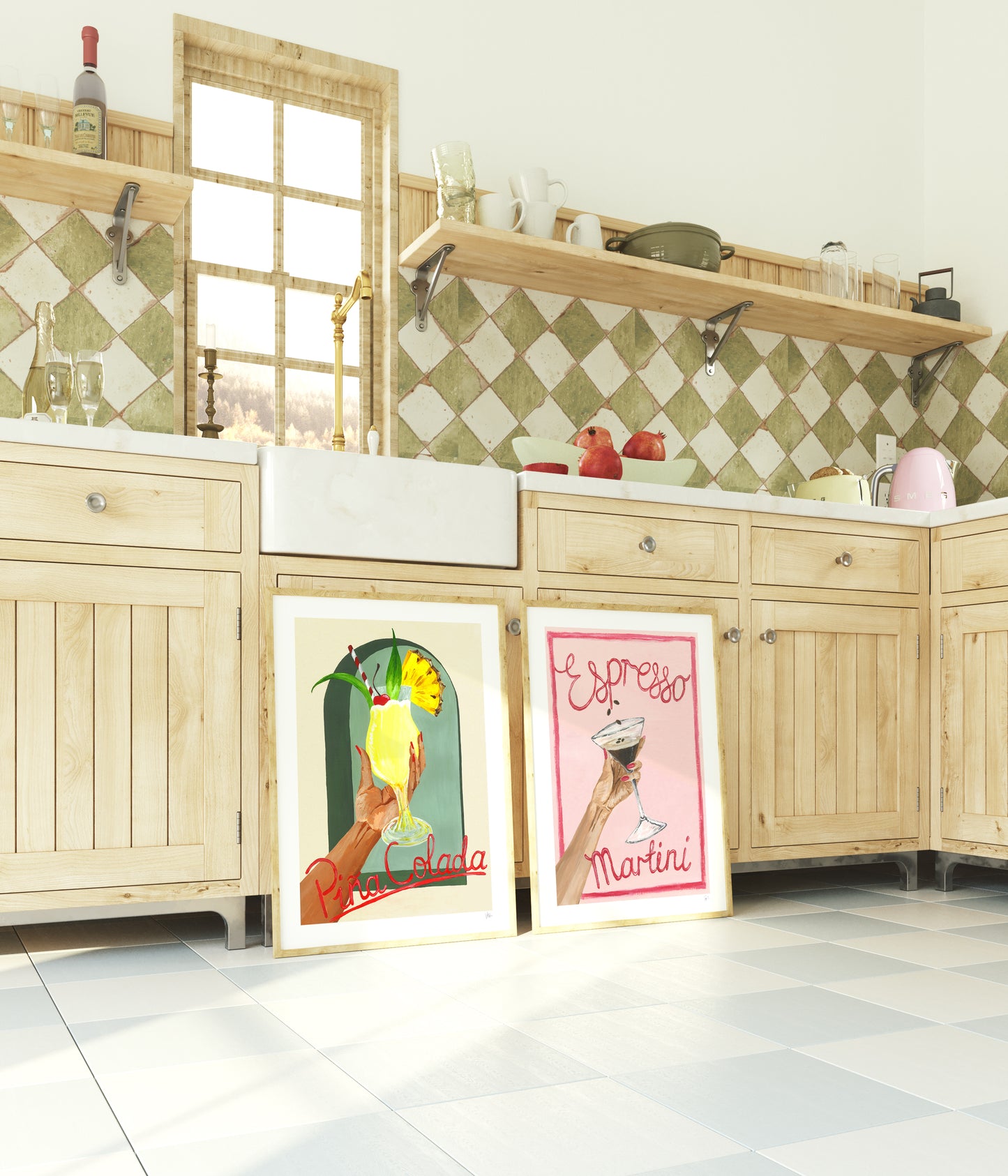Modern kitchen with wooden cabinets, checkered backsplash, and framed cocktail art on the wall.