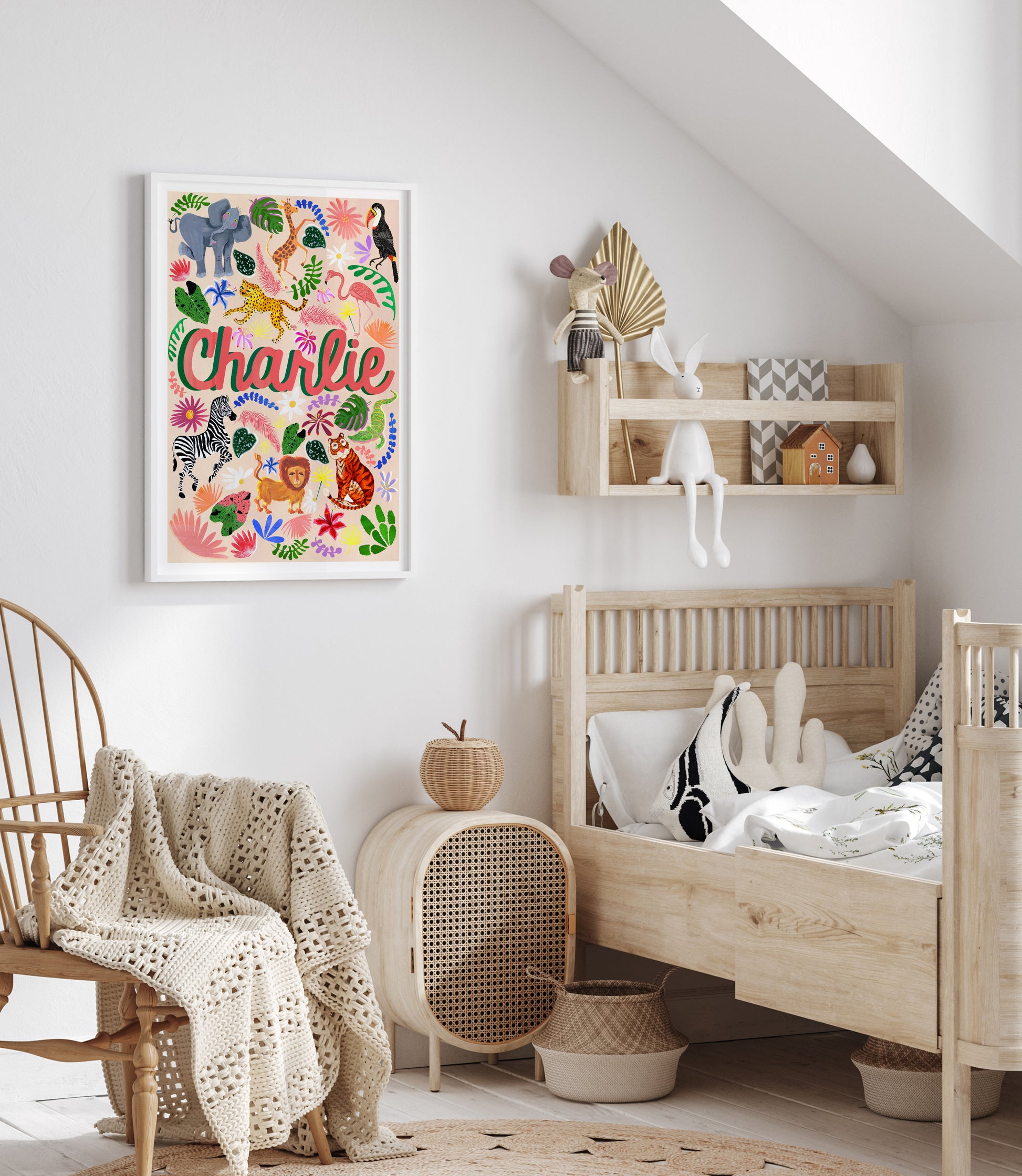 Children's room with a colorful wall art print featuring the name 'Charlie'.