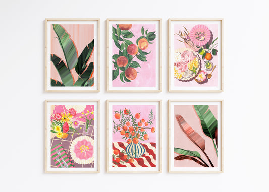 a set of 6 framed artworks of tropical leaves fruit and still life food tablescapes on a pink and green colour palette