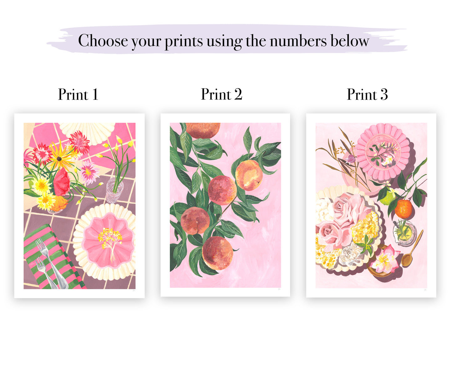 Three floral prints with different designs on a white background.