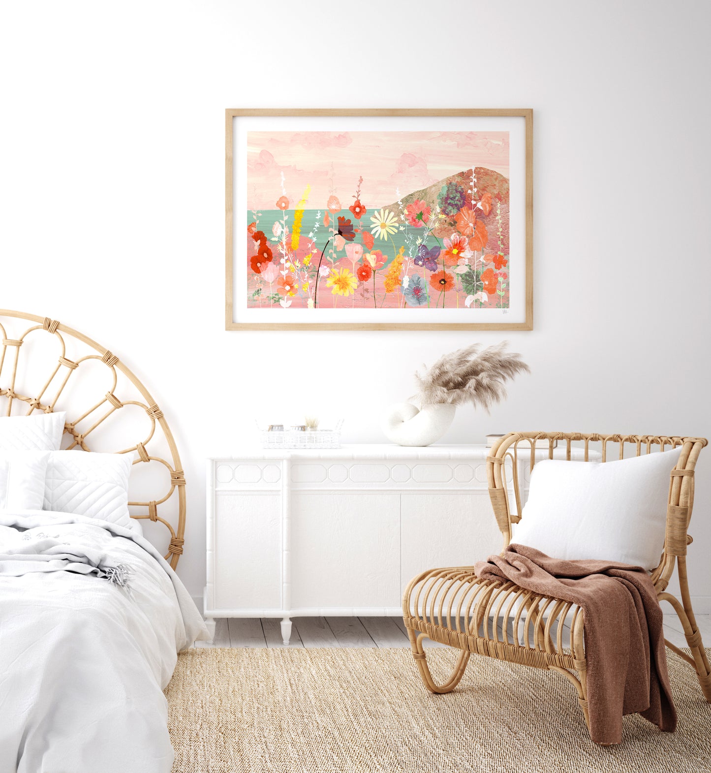 Decorative bedroom with a floral painting on the wall, bed, and bench.