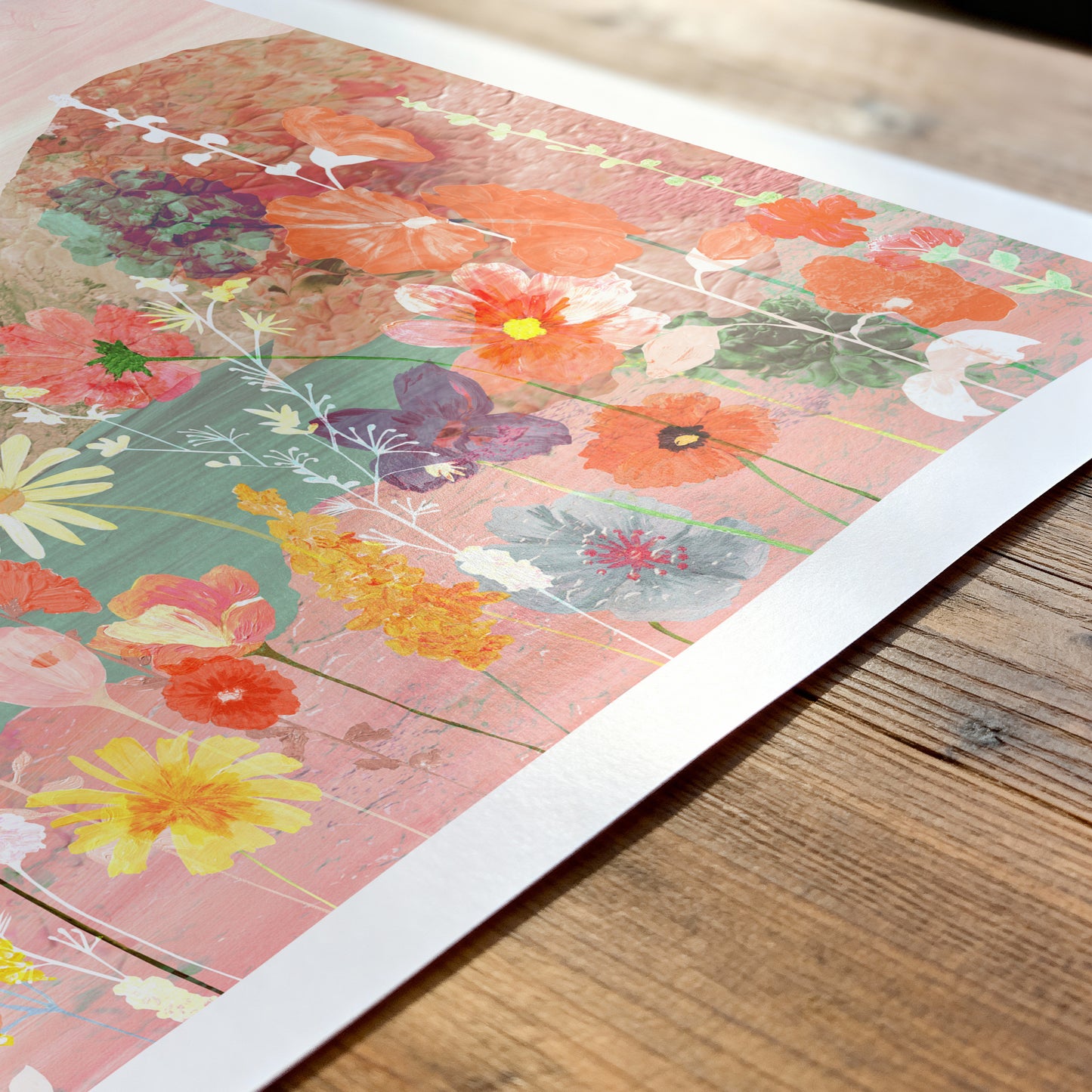 Floral patterned paper on a wooden surface