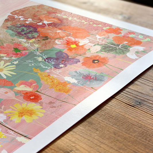 Floral patterned paper on a wooden surface
