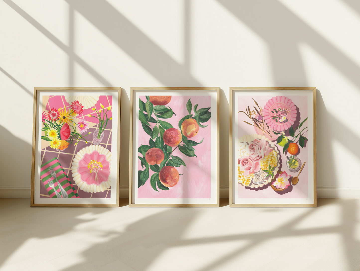 pink picnic and fruit wall art set