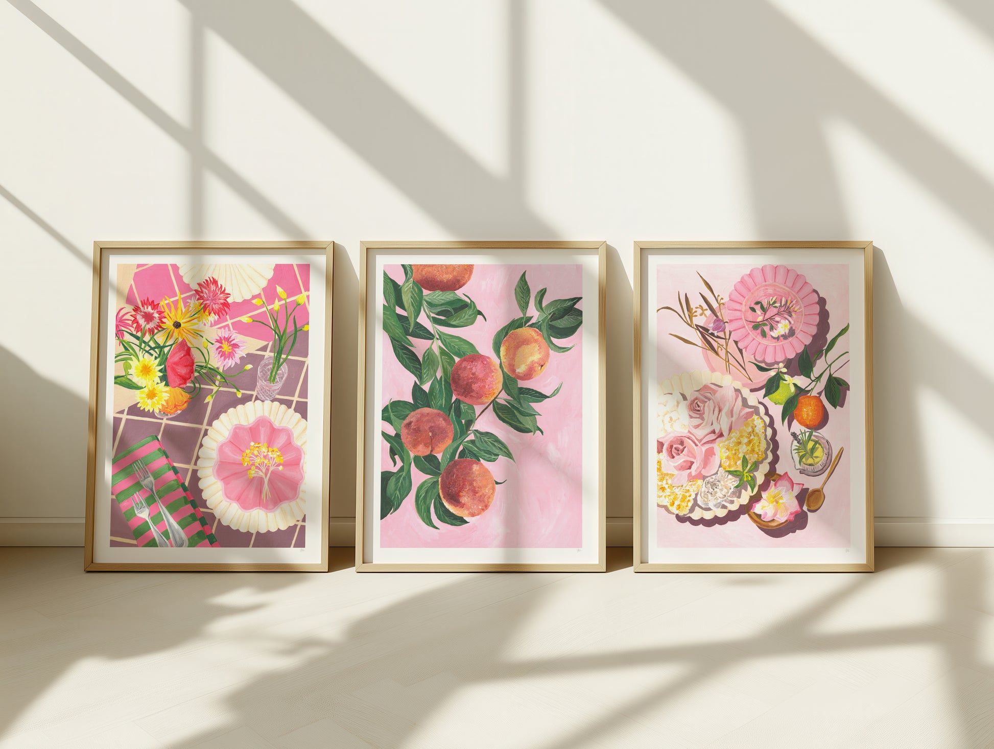 pink picnic and fruit wall art set