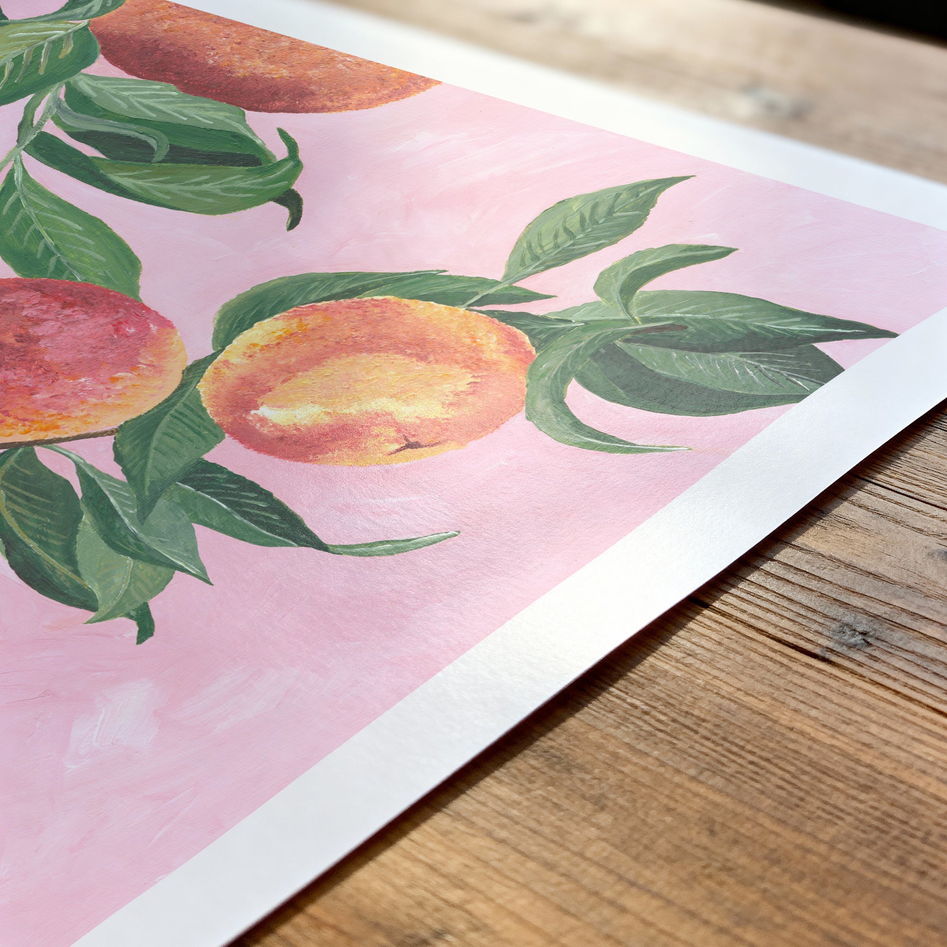 Illustration of peaches on a branch with leaves on a pink background, placed on a wooden surface.