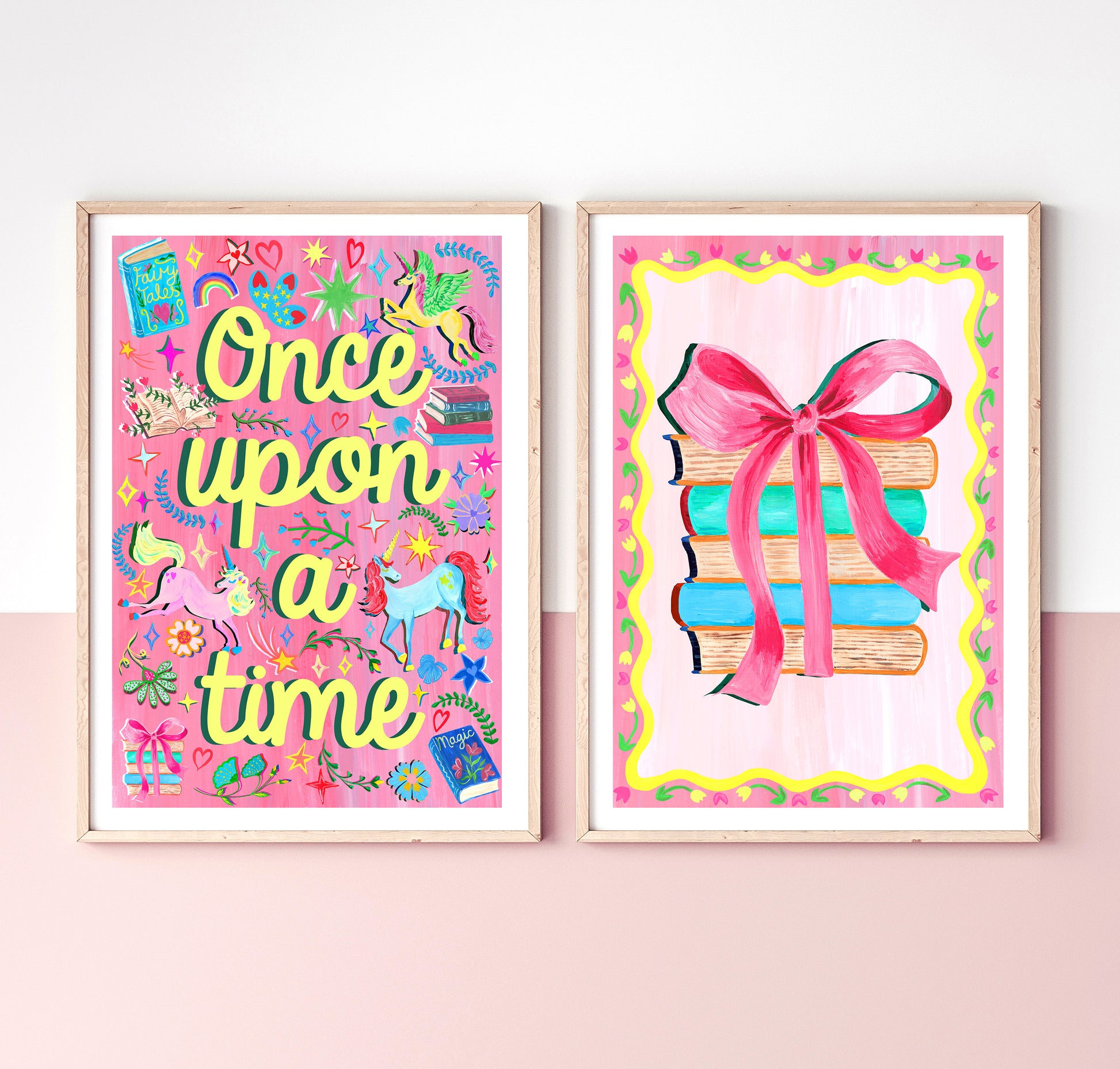 Two framed illustrations on a pink background, one with 'Once upon a time' text and the other with books and a bow.
