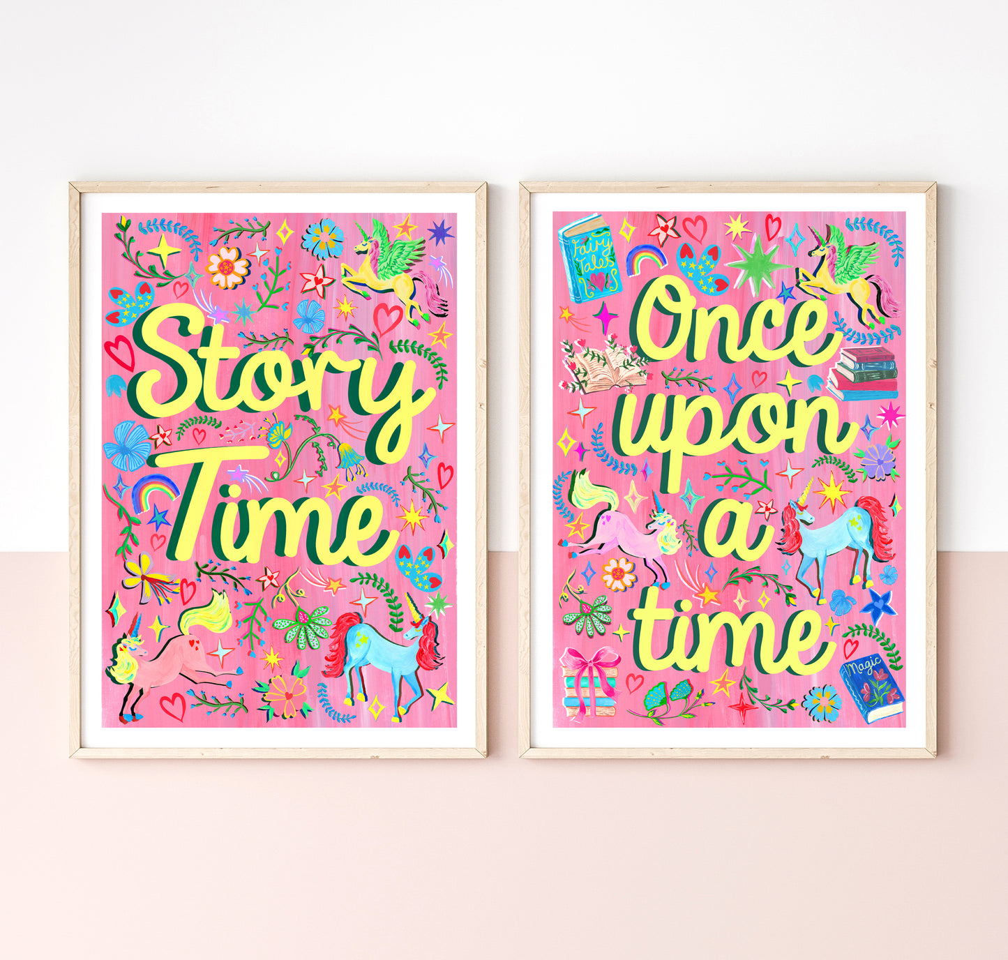 Two colorful posters with 'Story Time' and 'Once upon a time' text on a pink background.