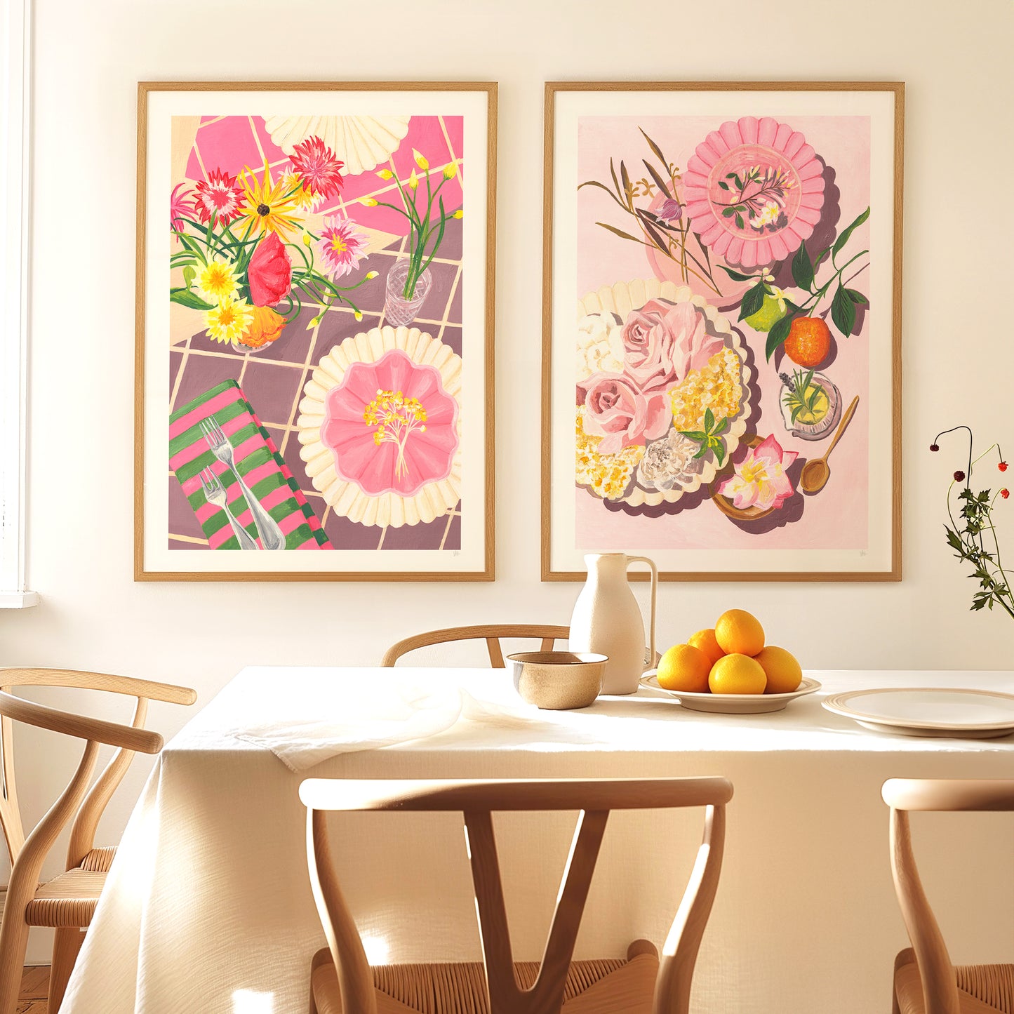 pink still life dining room wall art set