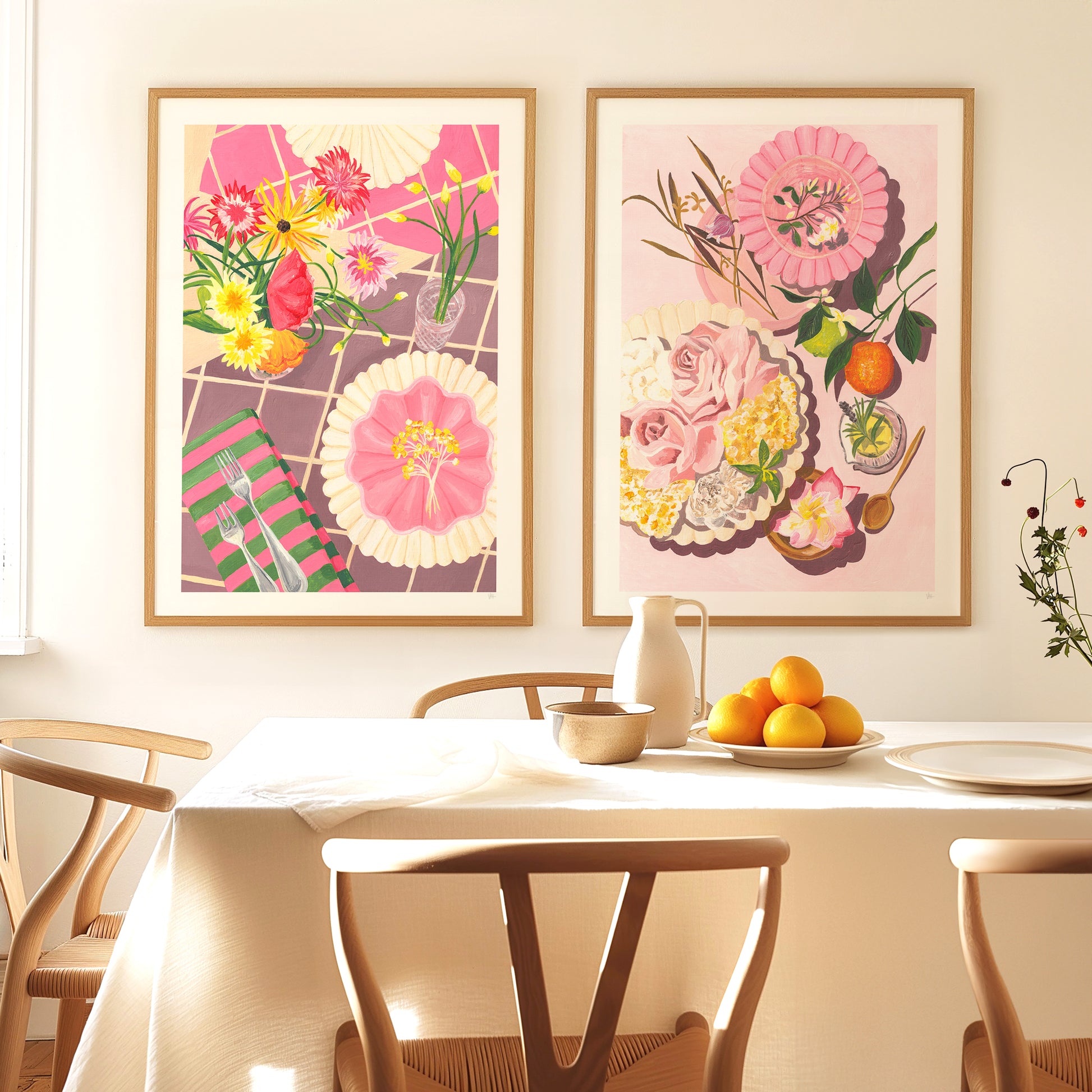 pink still life dining room wall art set