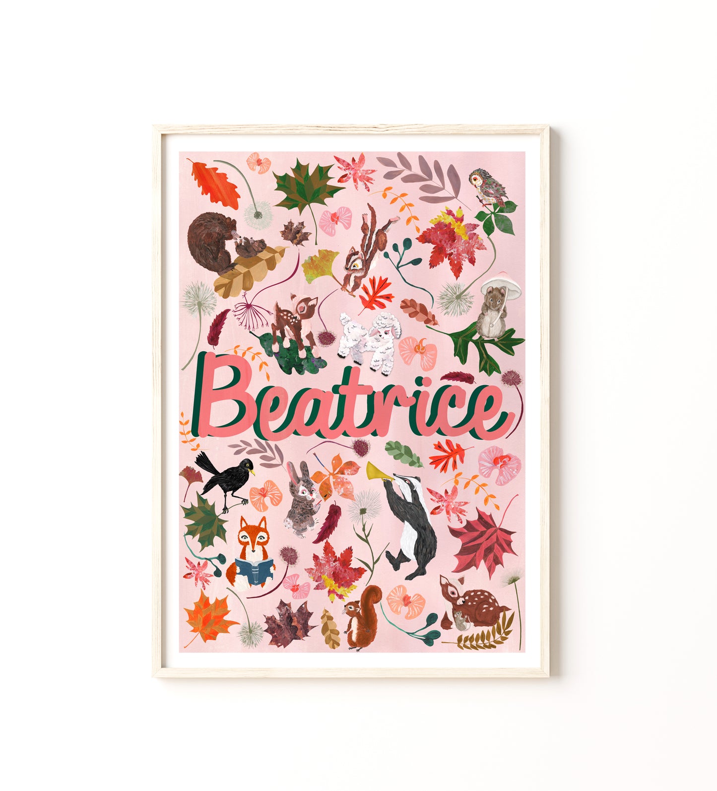 Framed artwork with 'Beatrice' and nature-themed design on a pink background