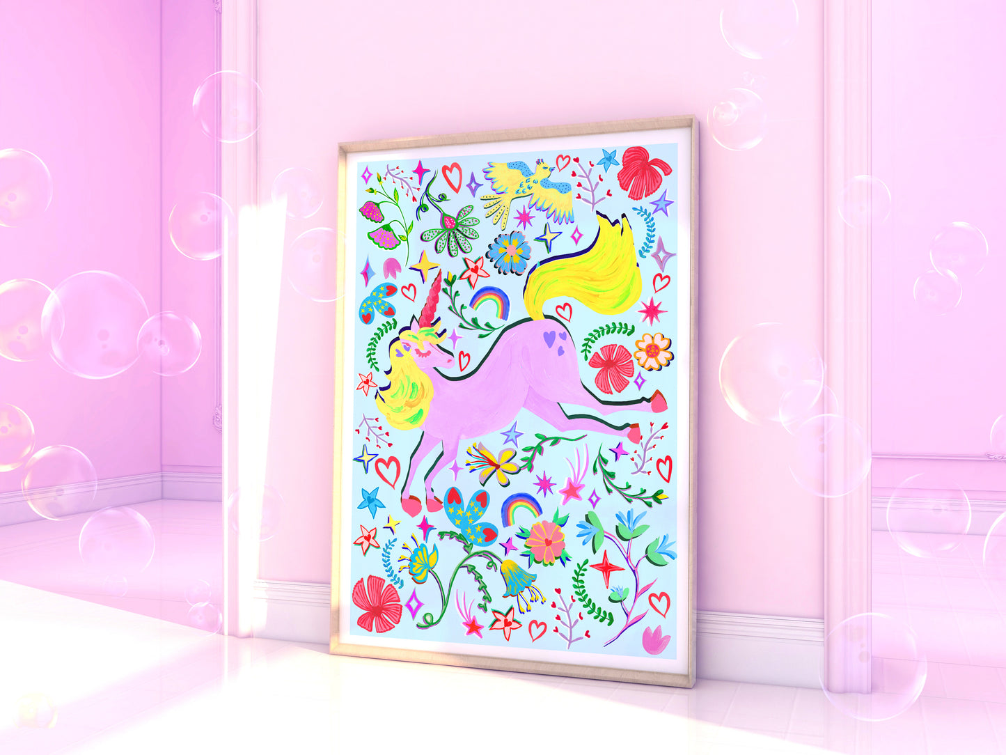 a blue and lilac colourful unicorn painting in a lilac walled room.
