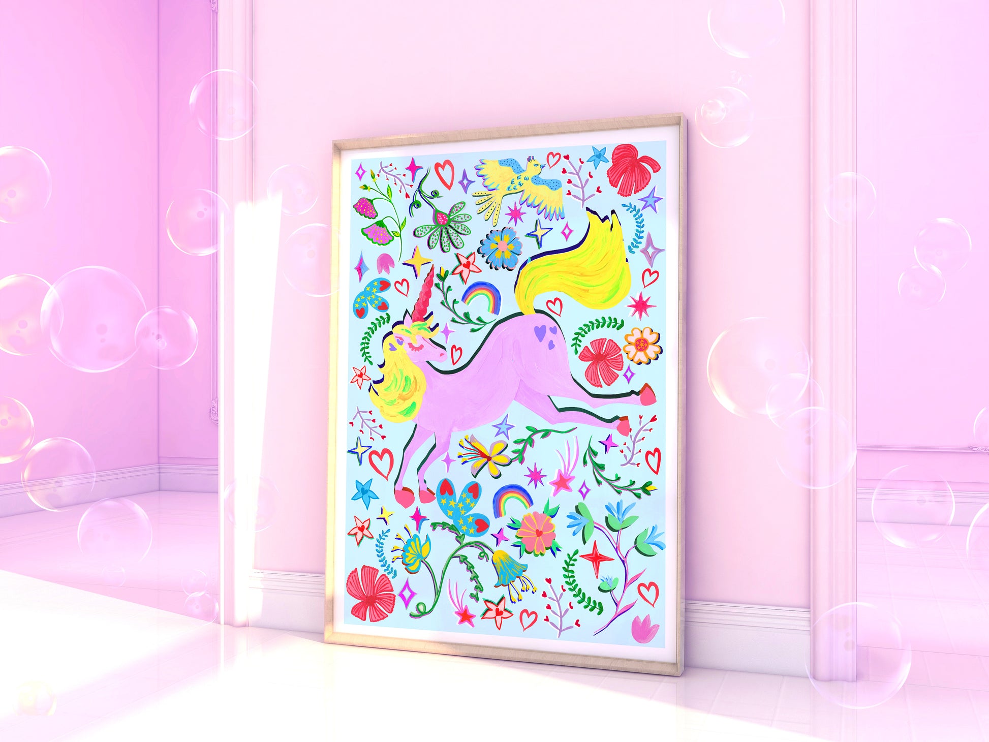 a blue and lilac colourful unicorn painting in a lilac walled room.