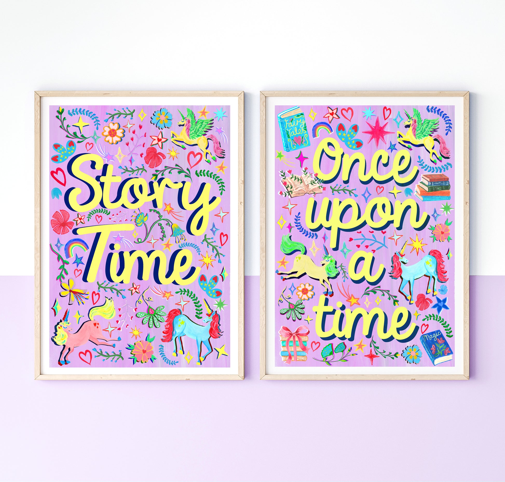 Two colorful posters with 'Story Time' and 'Once upon a time' text on a white background.