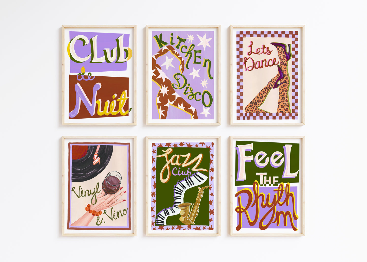 Six framed art prints with colorful text and graphics on a white background