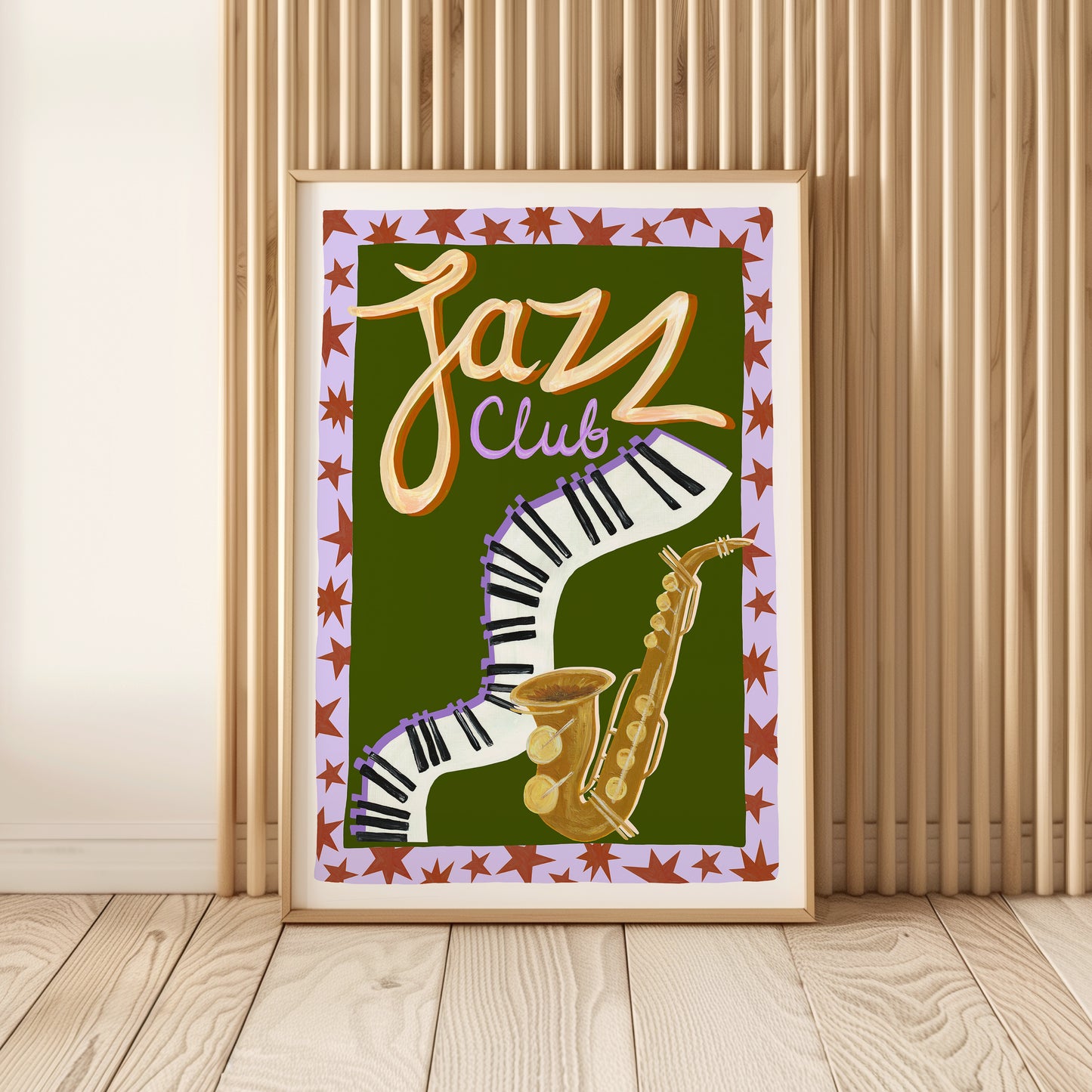 Framed poster with 'Jazz Club' text and saxophone design on a wooden floor.