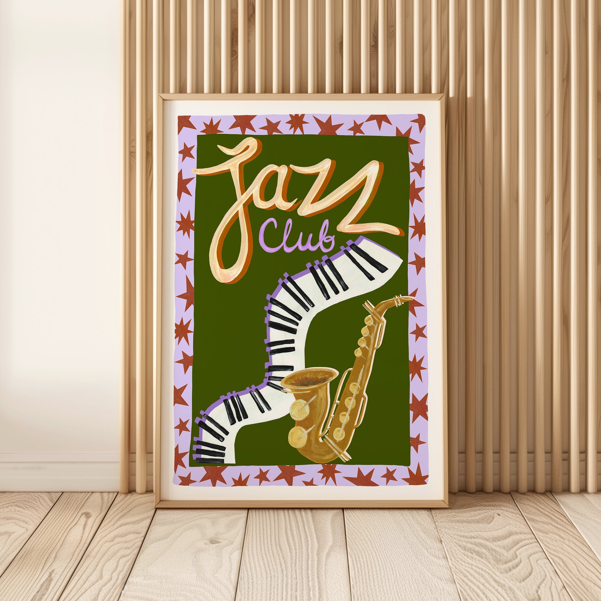 Framed poster with 'Jazz Club' text and saxophone design on a wooden floor.