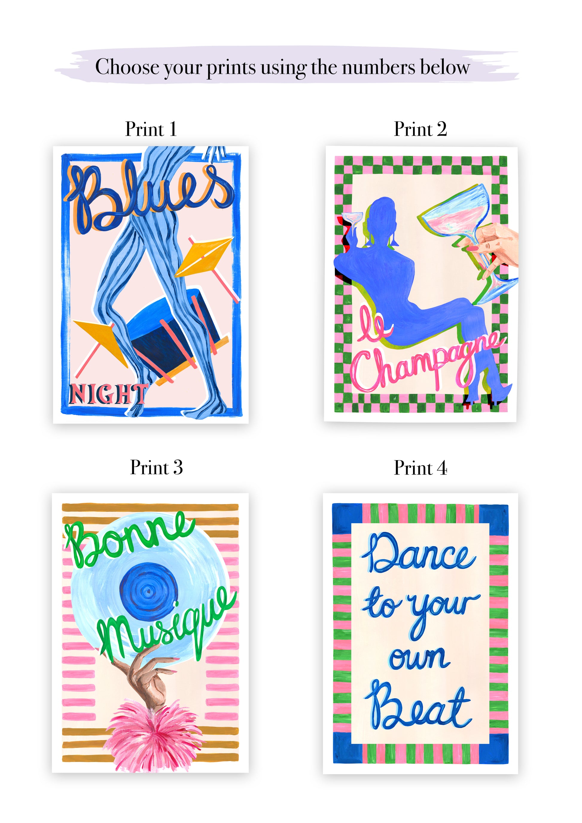 Four colorful prints with text and graphics on a white background
