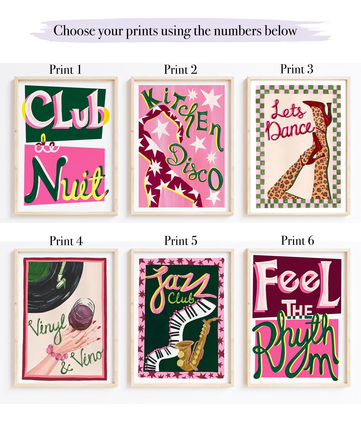 Set of six colorful prints with text and graphics on a white background