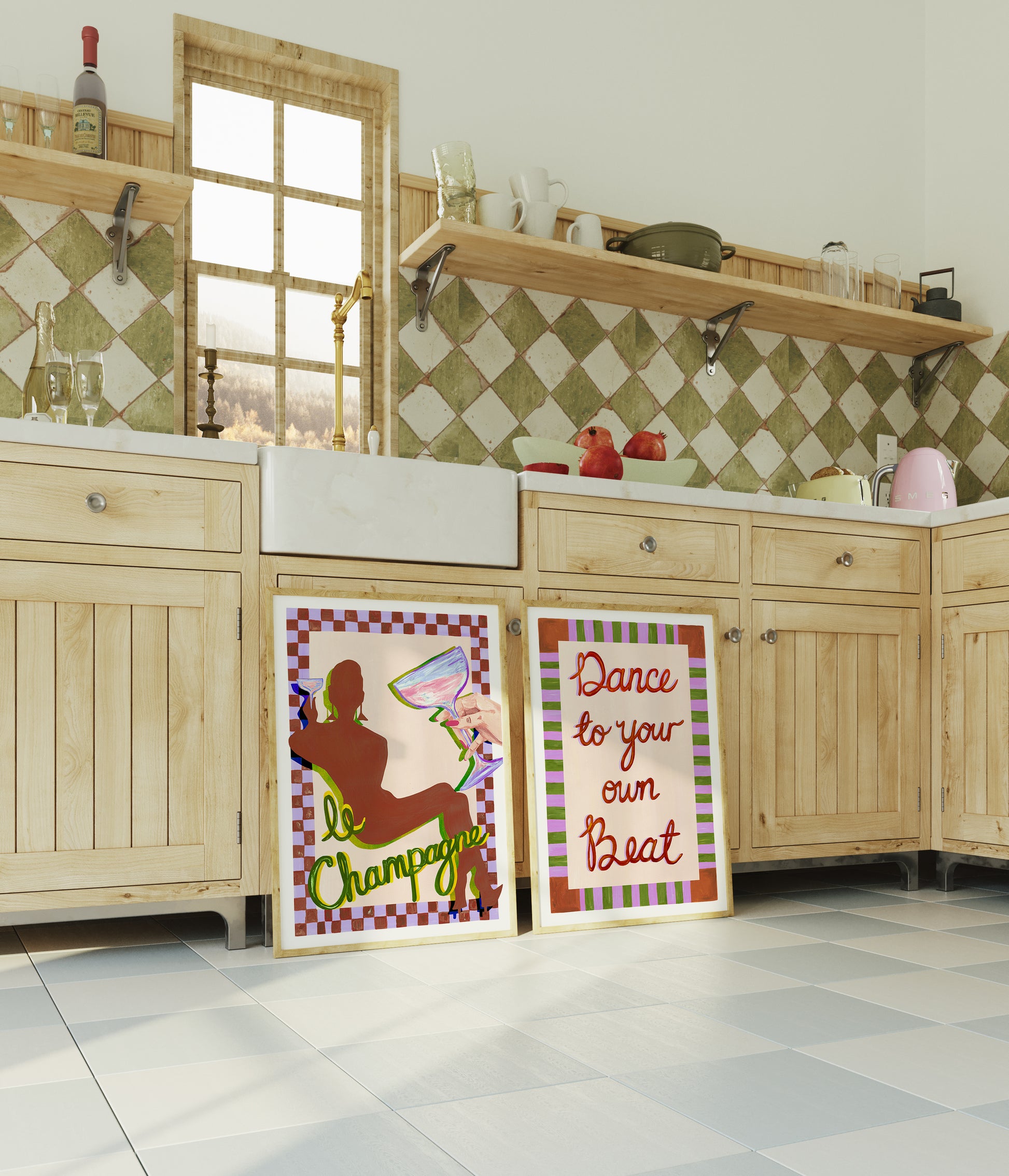 Kitchen with wooden cabinets and decorative posters on the doors.