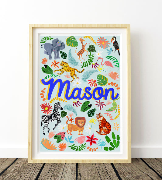 Framed children's name print with colorful animals and foliage on a white background