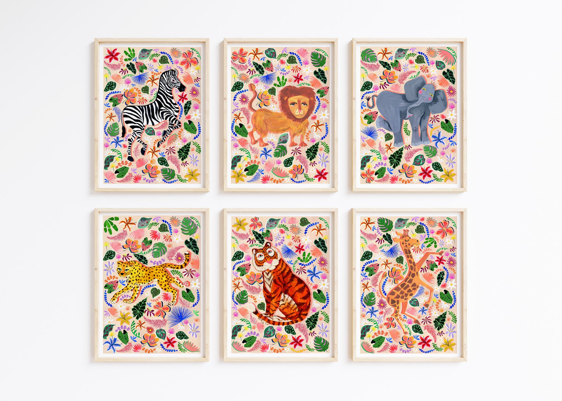 Set of six colorful animal illustrations in wooden frames on a white background