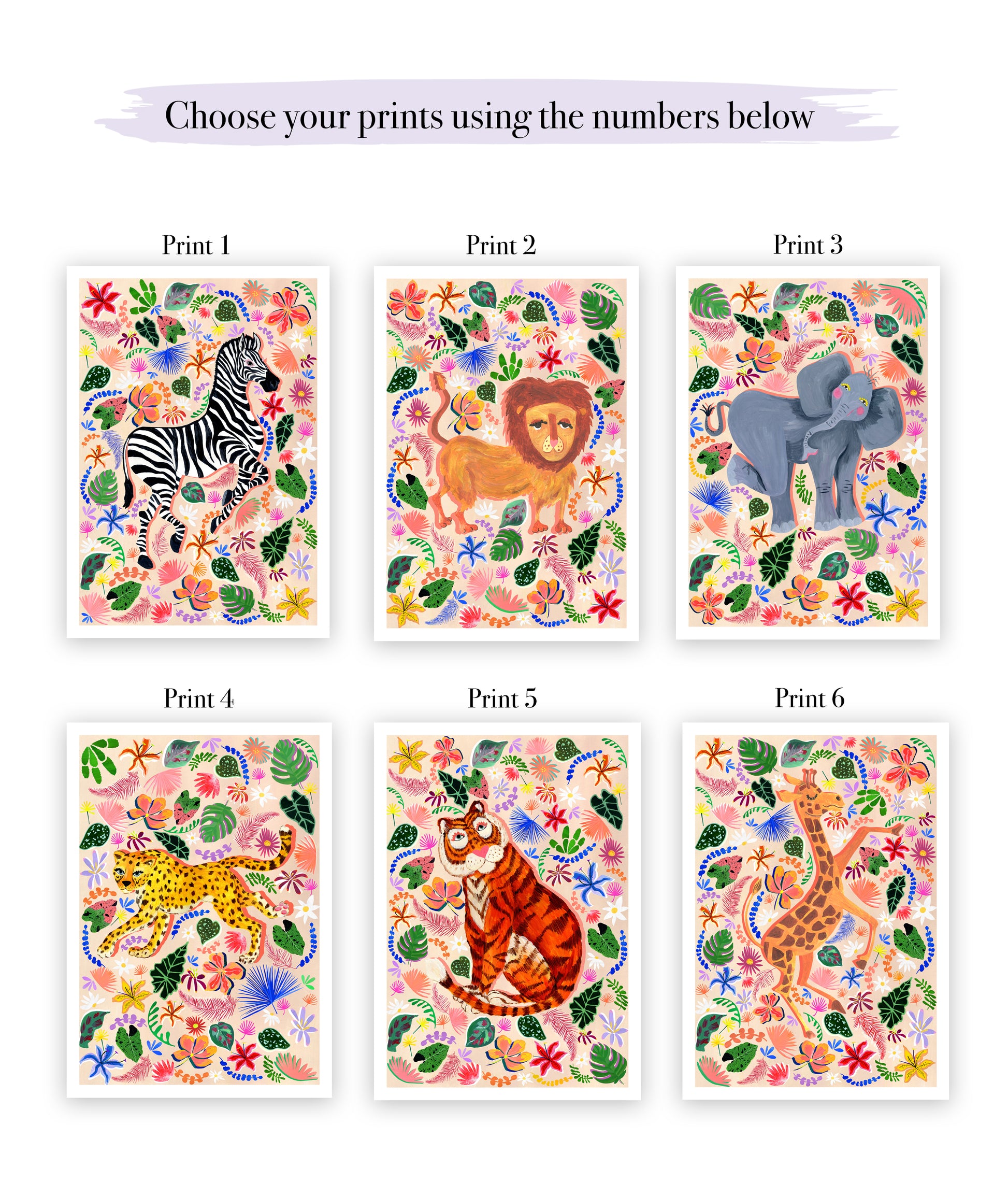 Six animal prints with colorful patterns on a white background