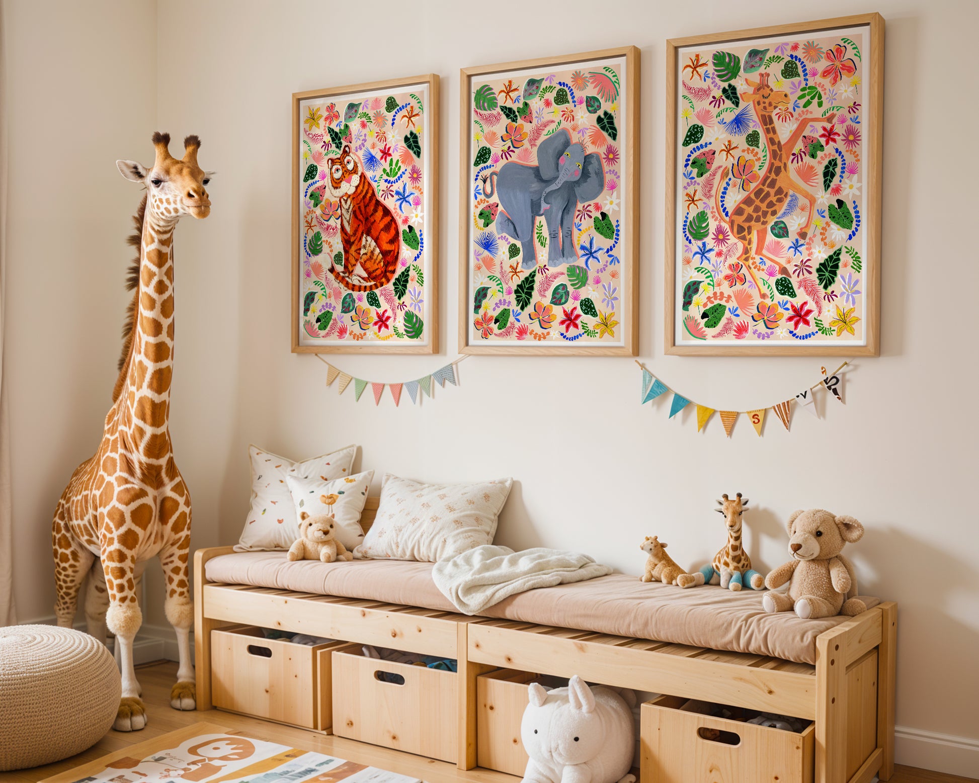 Children's room with animal-themed wall art, toys, and a bench.