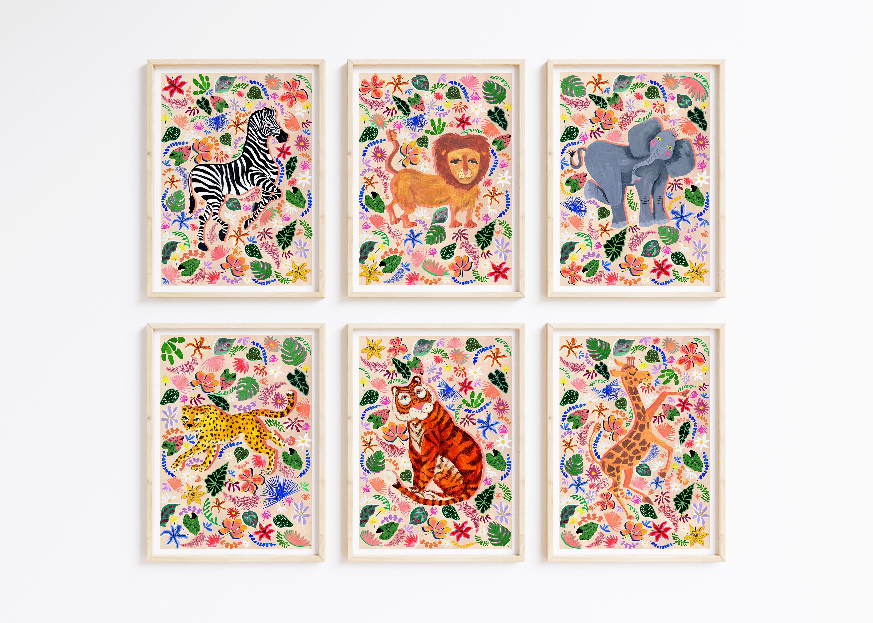 Set of six colorful animal illustrations in wooden frames on a white background