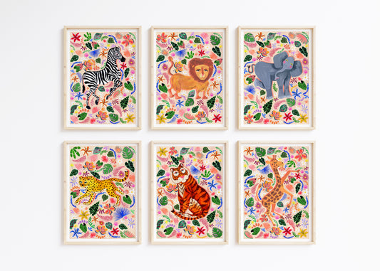 Set of six colorful animal illustrations in wooden frames on a white background