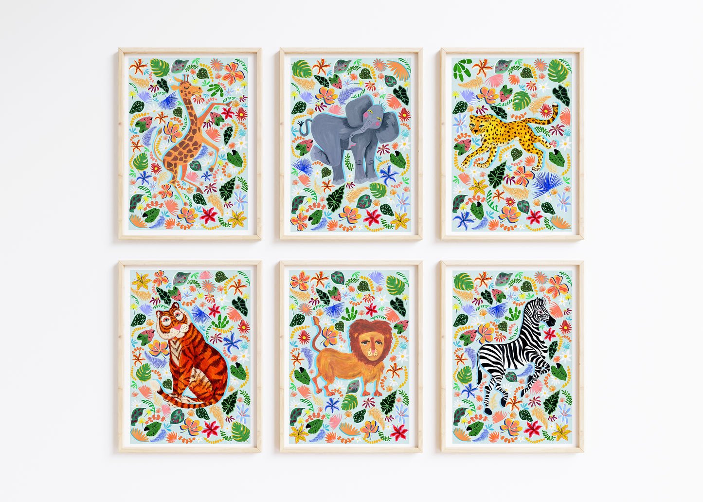 Set of six framed animal illustrations with floral patterns on a white background