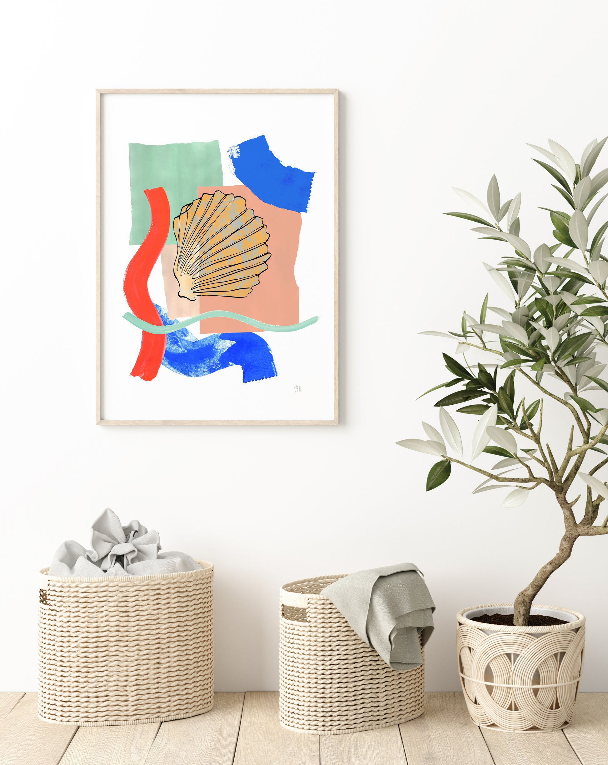 Colorful abstract art print on a wall above two woven baskets with plants in the room.