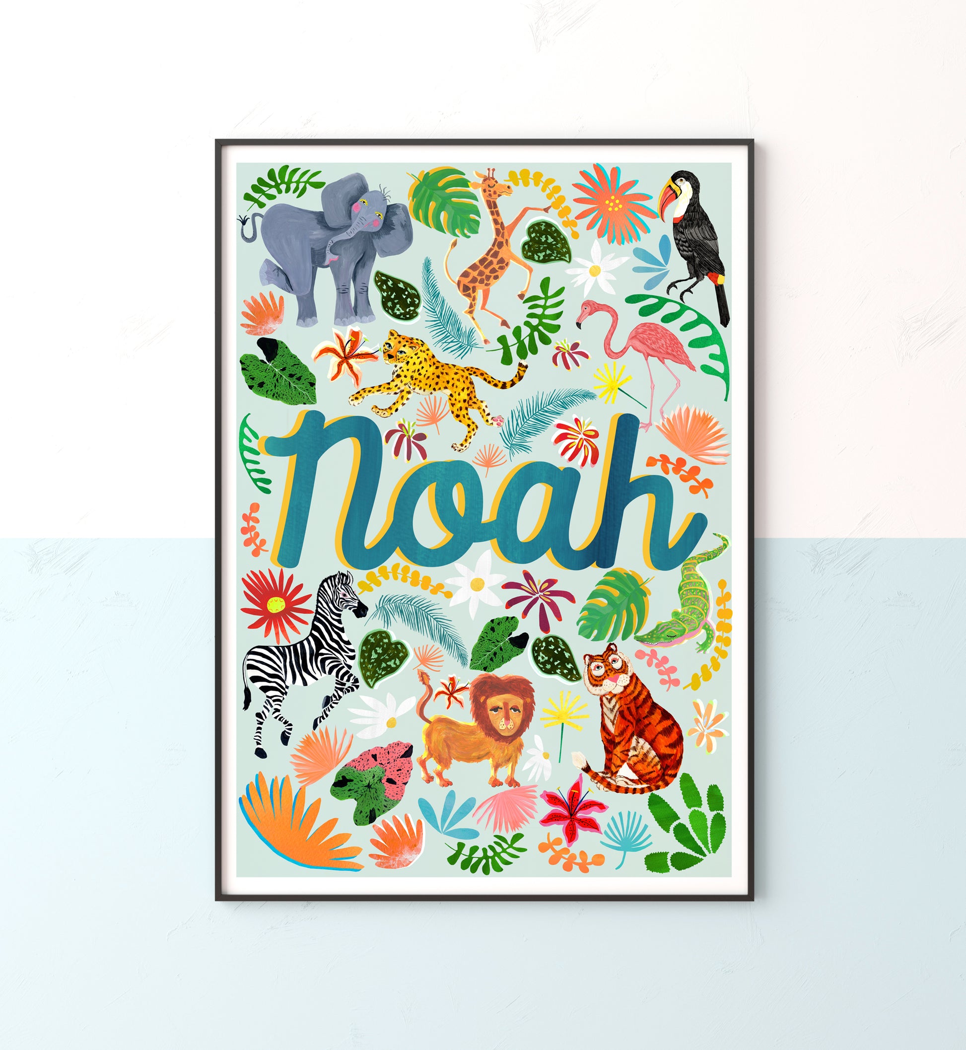 Colorful children's poster with animals and the name 'Noah' on a light blue background