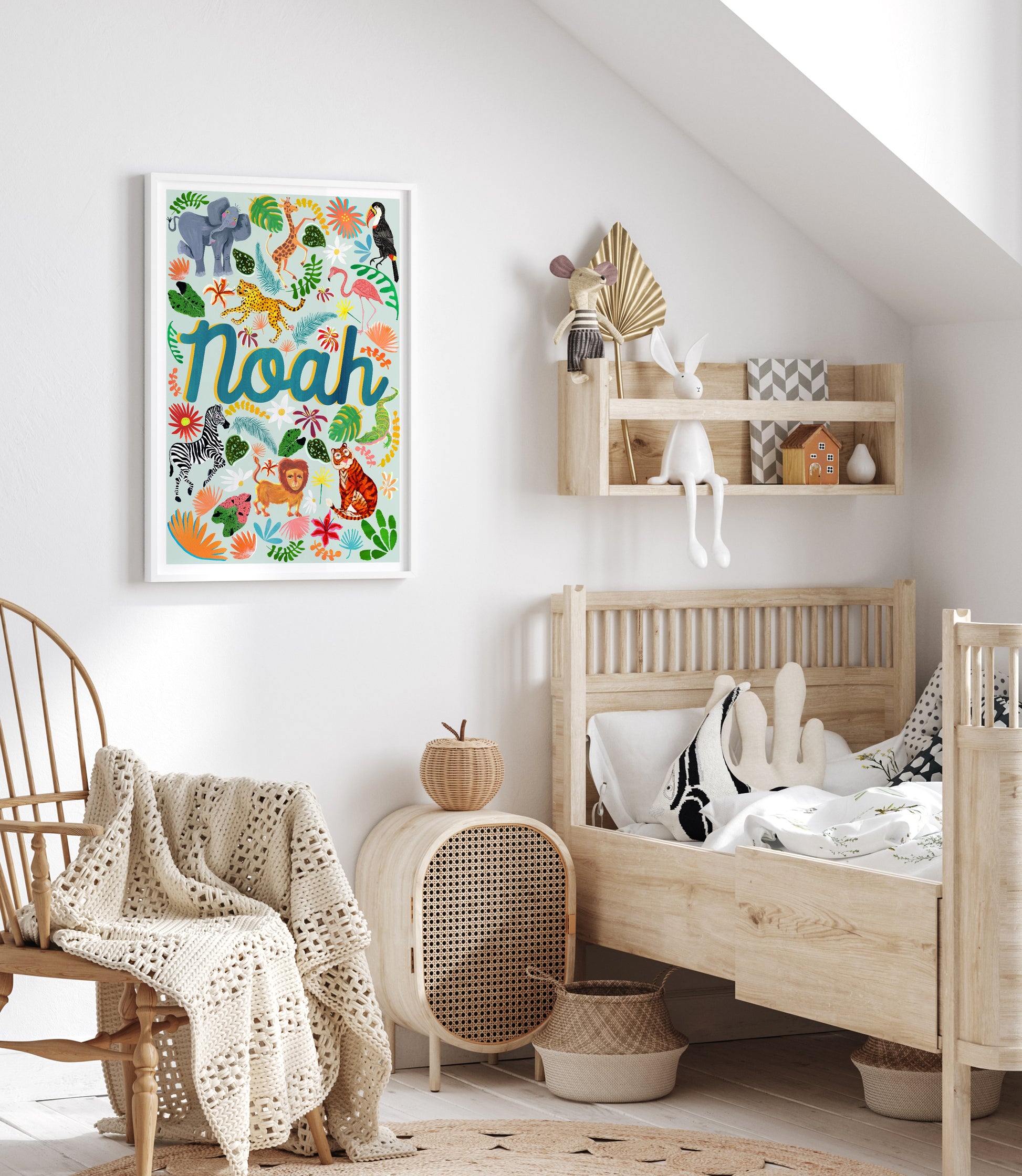 Children's bedroom with a colorful 'Noah' poster on the wall, wooden furniture, and decorative items.