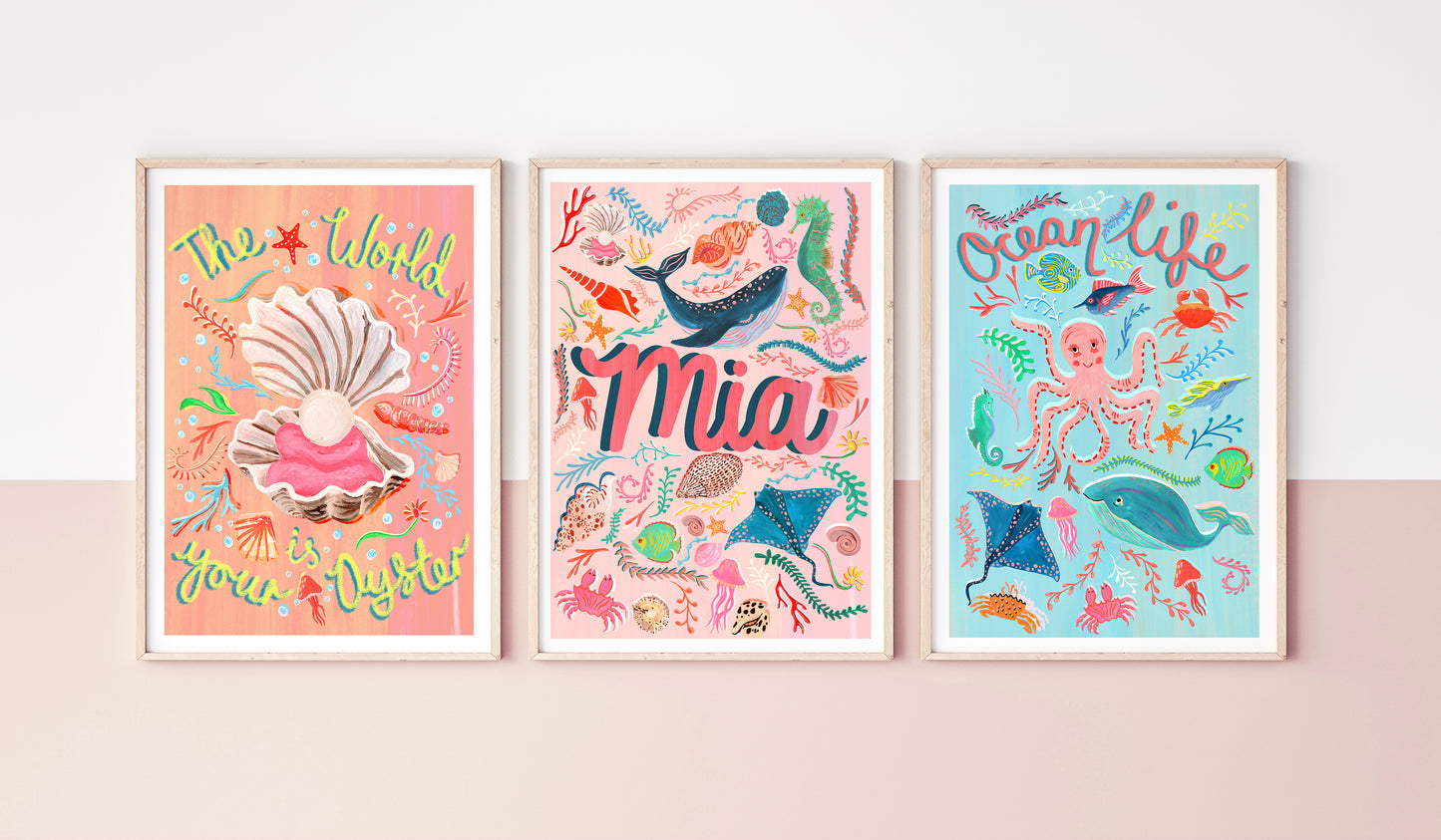 Sea Themed Children's Pink Name Print