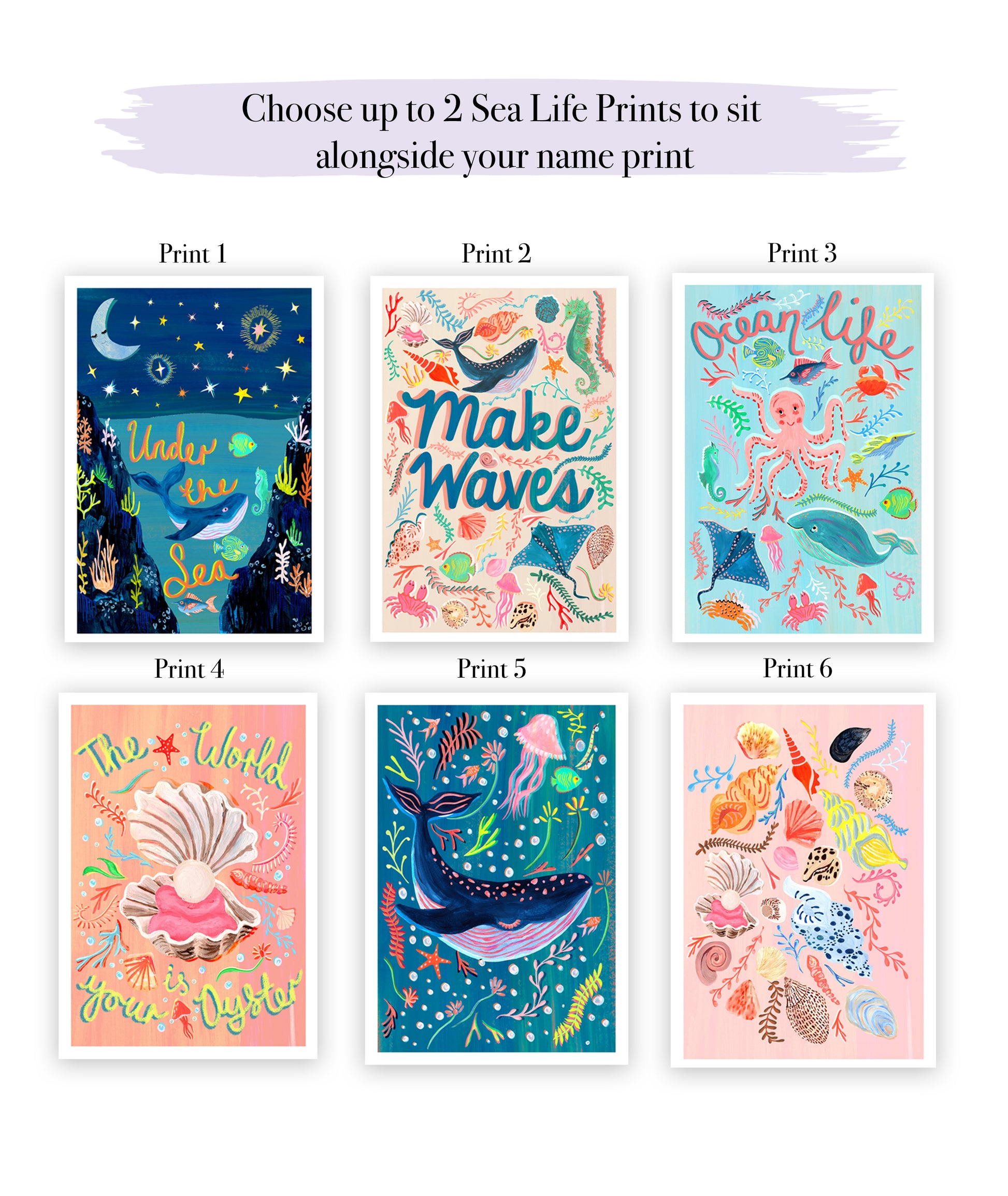 Set of six sea life-themed prints with various designs on a white background.