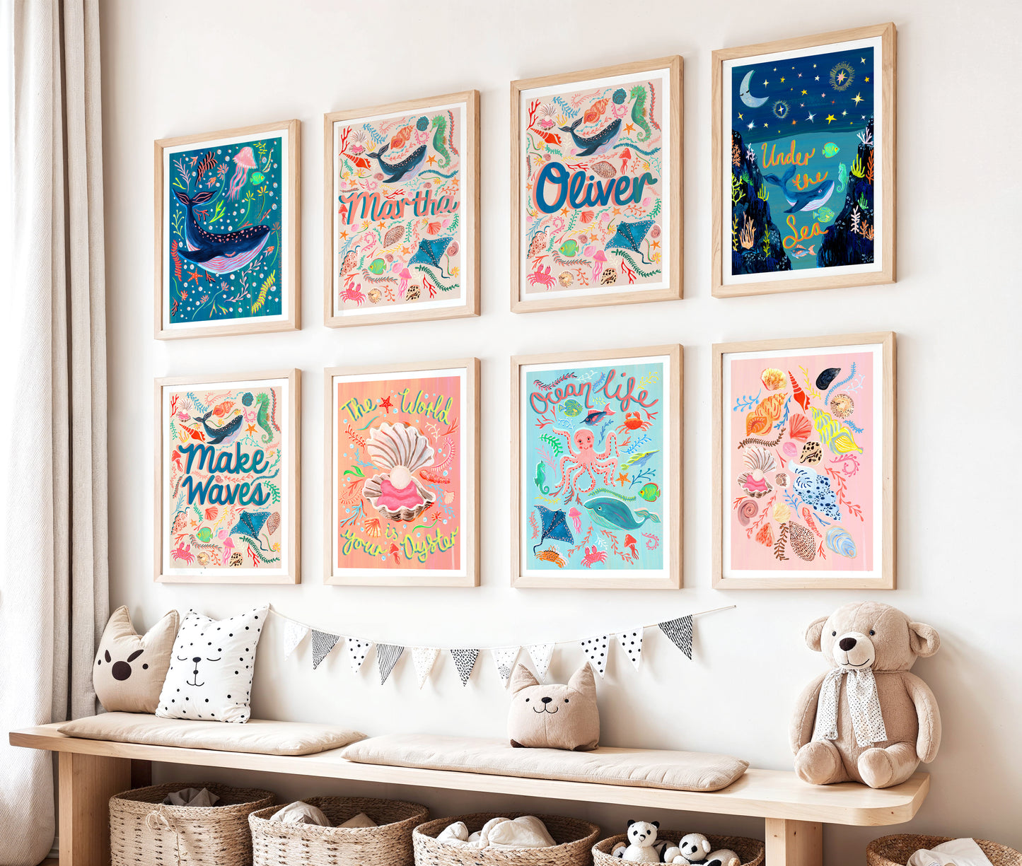 Children's room with framed artwork and toys on a bench