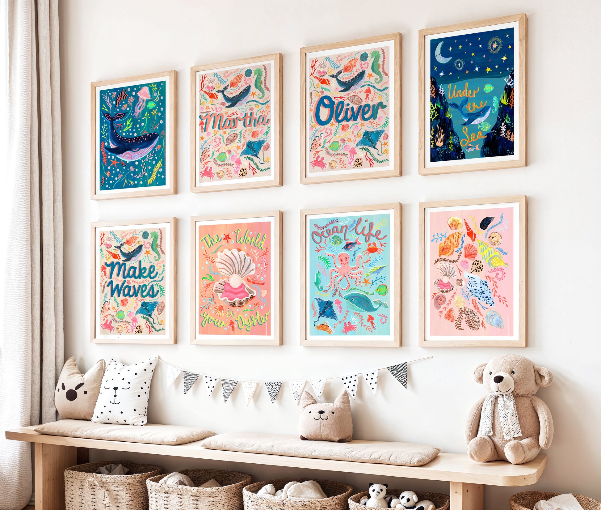 Children's room with framed artwork and toys on a bench
