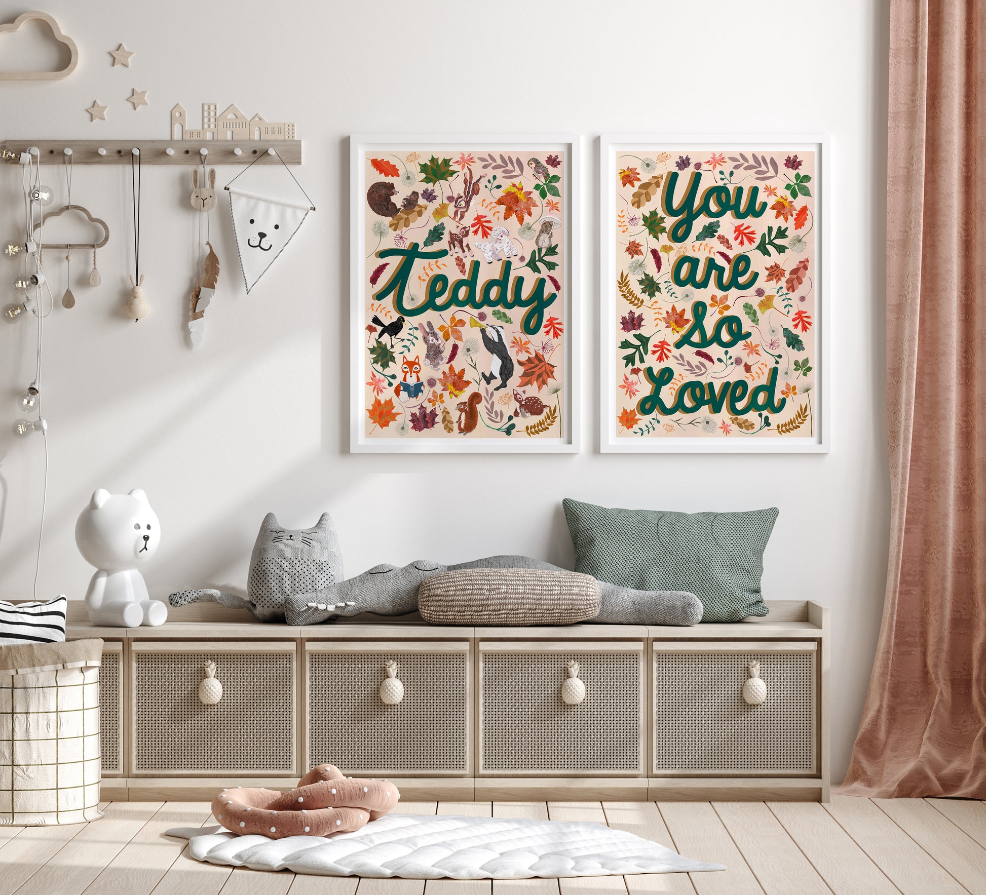 Children's room with a bench, toys, and wall art featuring floral designs and text.