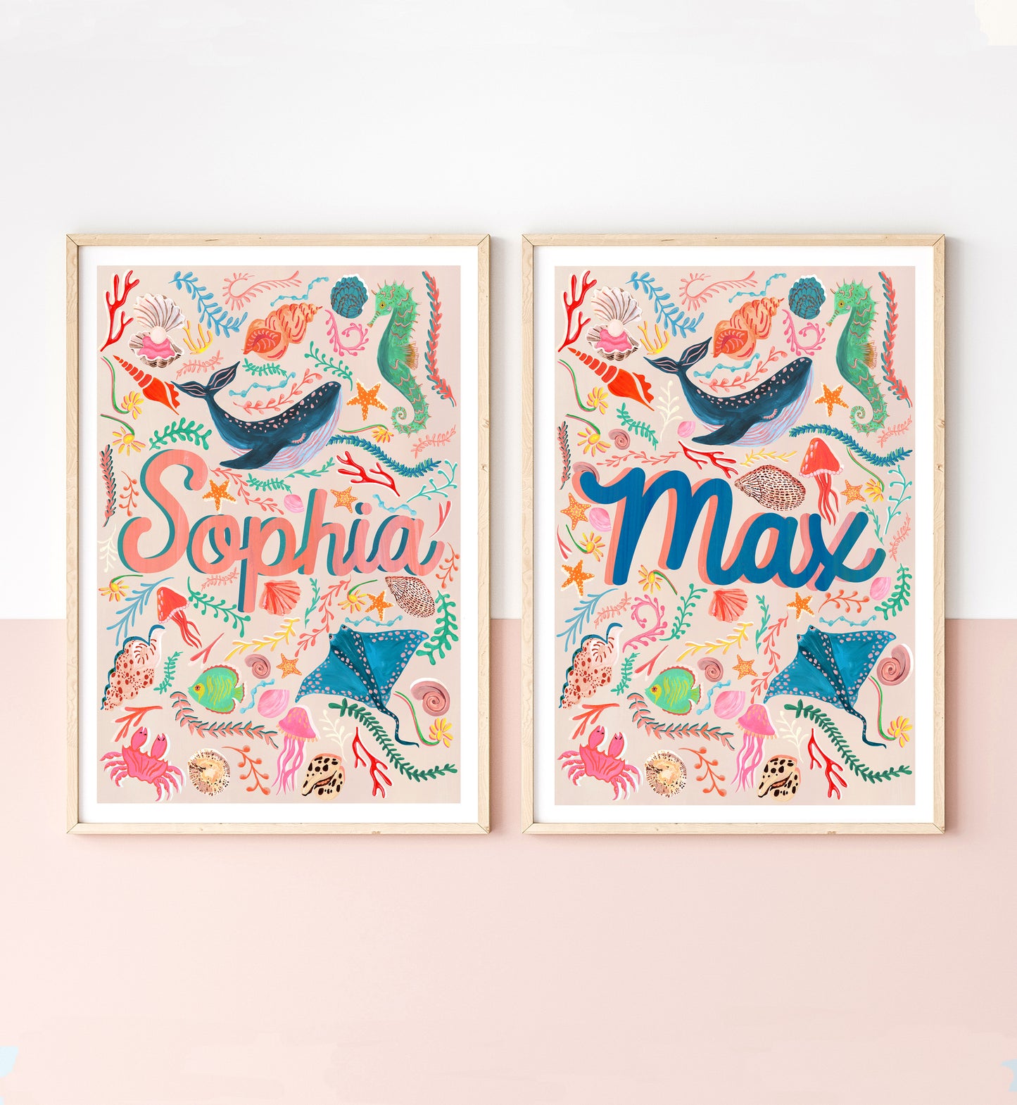 Two framed illustrations with the names 'Sophia' and 'Max' on a white background.