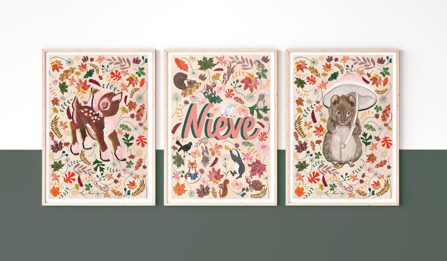Three framed illustrations of animals with autumn leaf elements on a white background