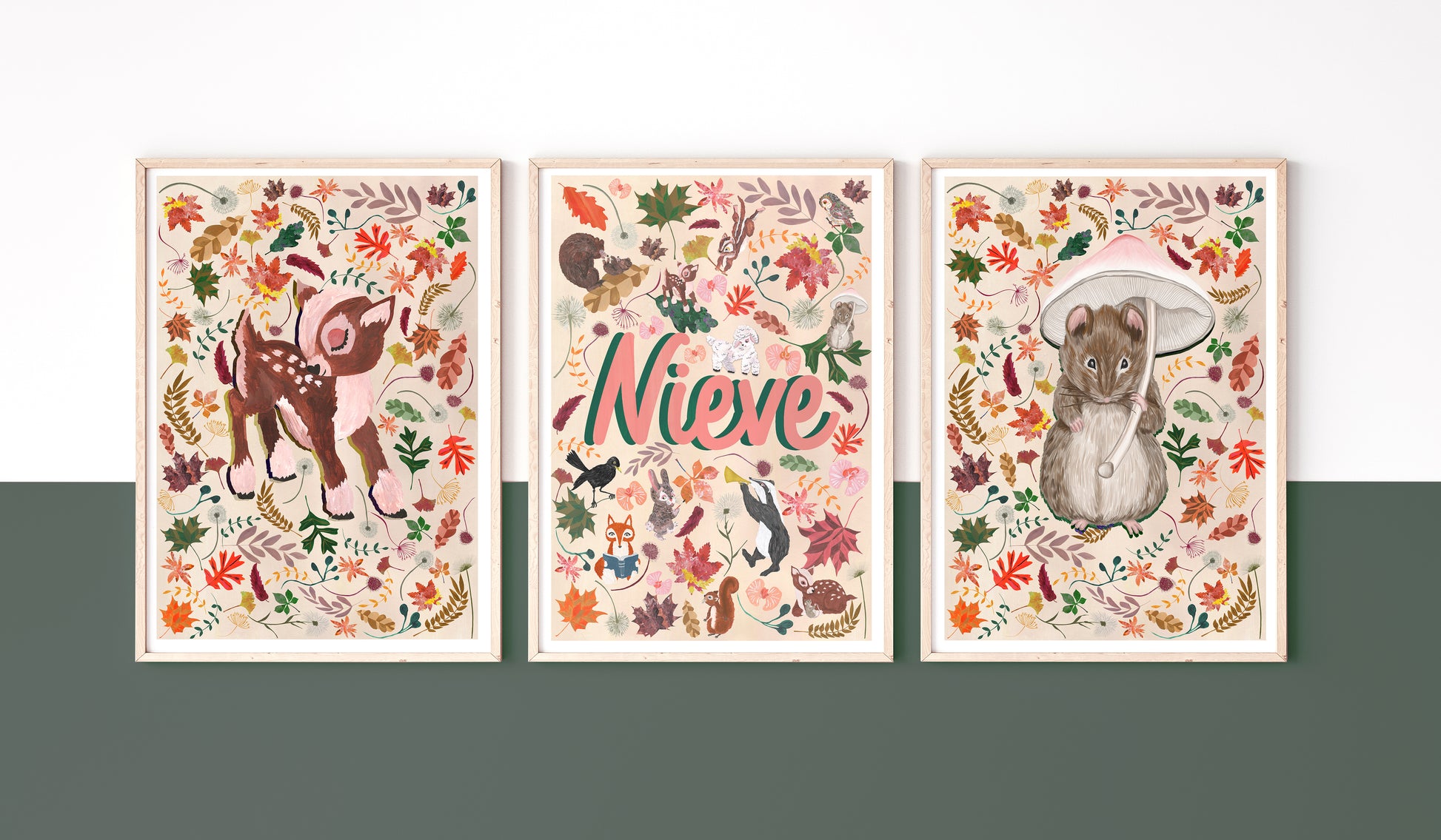 Three framed illustrations of animals with autumn leaf elements on a white background