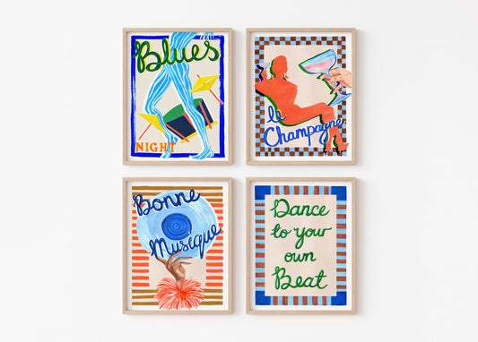 Four colorful framed posters with artistic designs and text on a white background