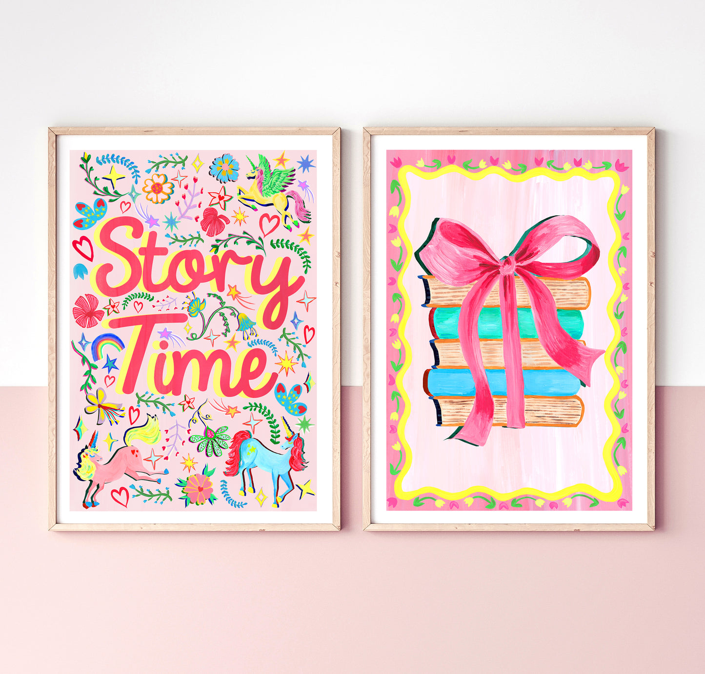 Two colorful framed artworks on a pink background, one with 'Story Time' text and the other with books and a bow.