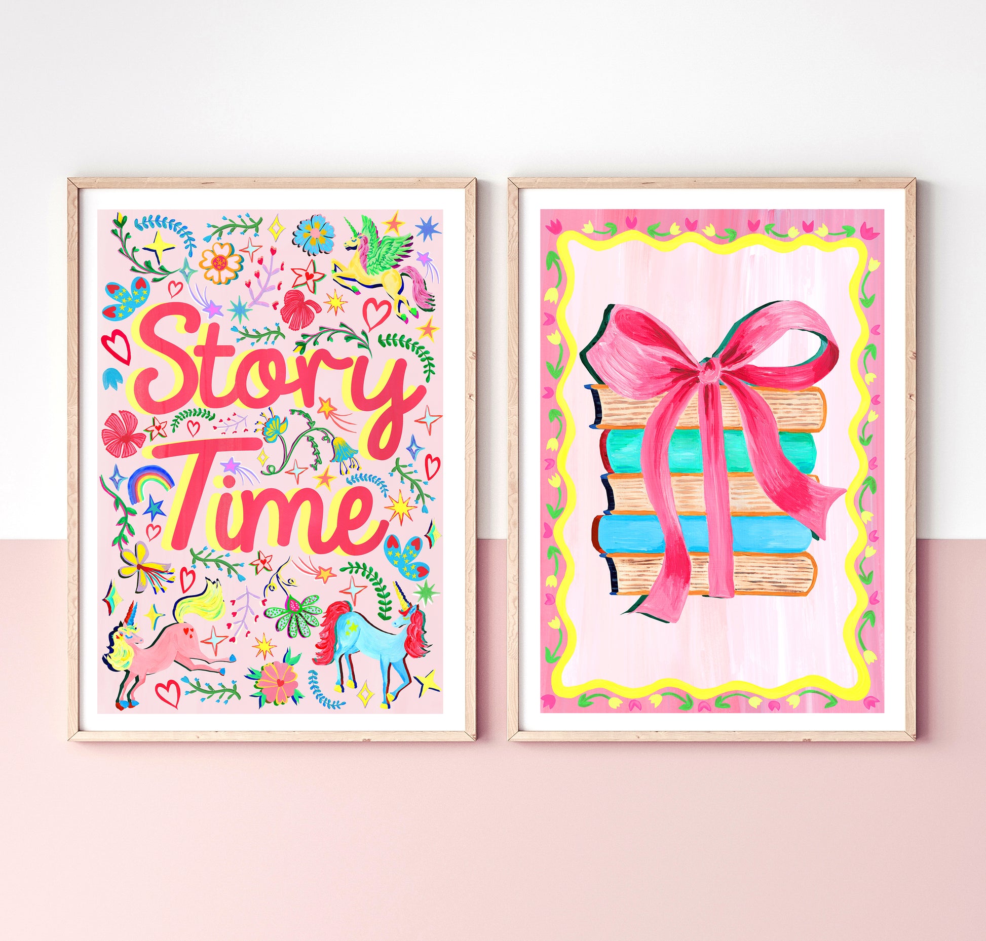 Two colorful framed artworks on a pink background, one with 'Story Time' text and the other with books and a bow.