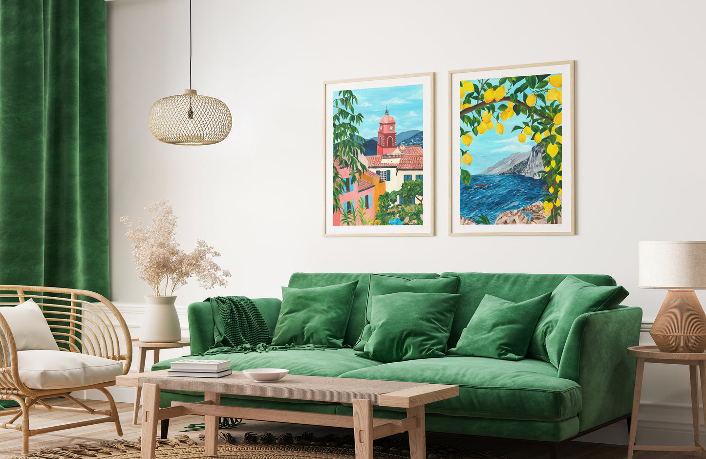 Green sofa in a living room with colorful wall art and wooden coffee table.