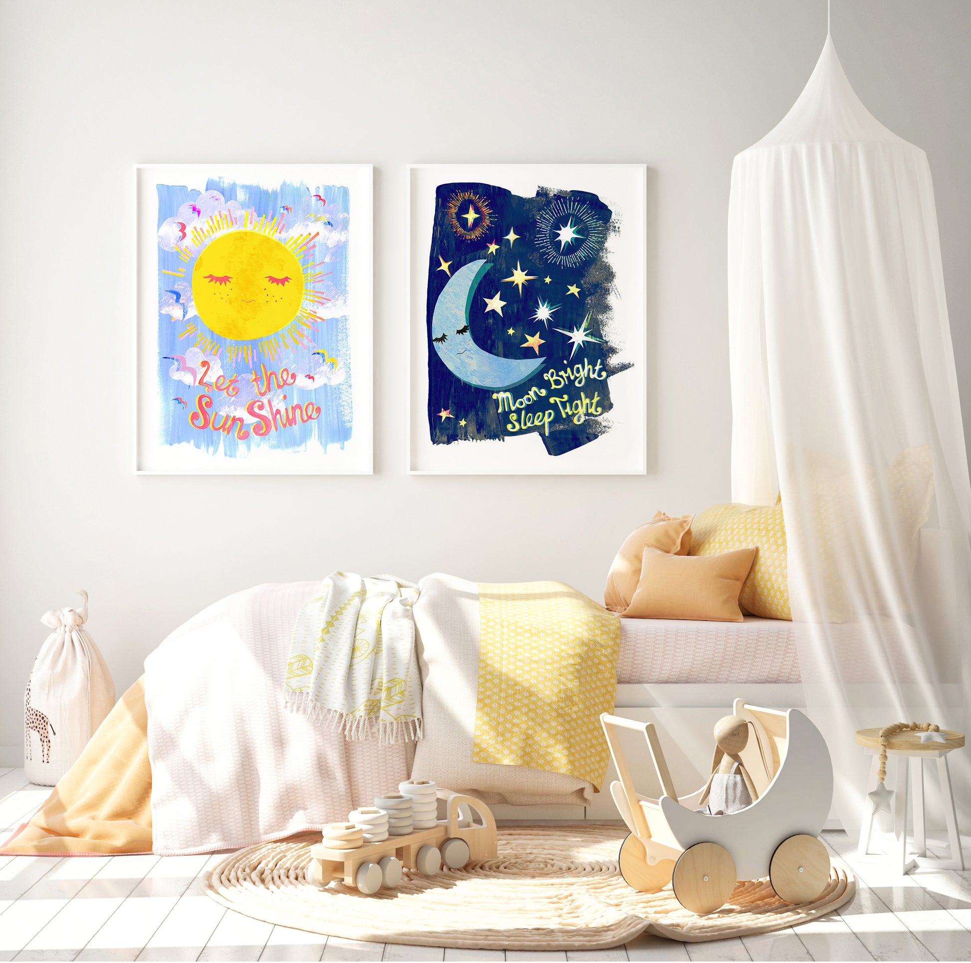 A soft toned childrens bedroom with colourful sun and moon pictures on the wall above the bed