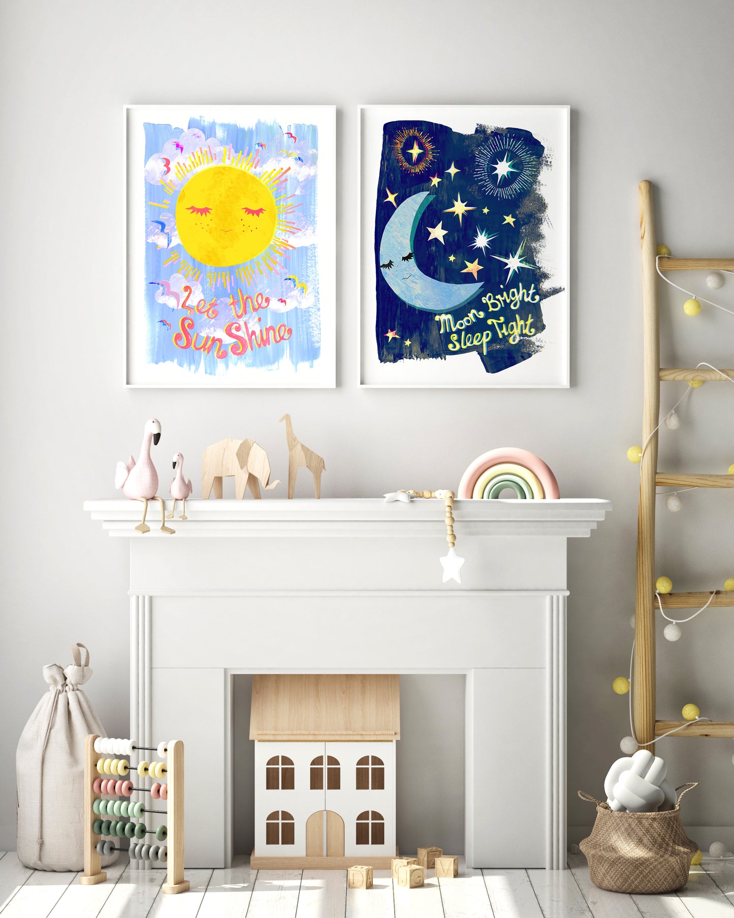 hand painted sun and moon nursery art above a fireplace with pastel coloured wooden toys